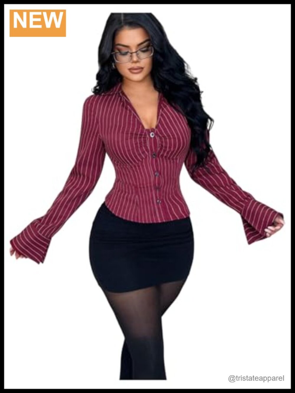 Women's Striped Button Down Blouse Bell Sleeve Slim Fit V Neck